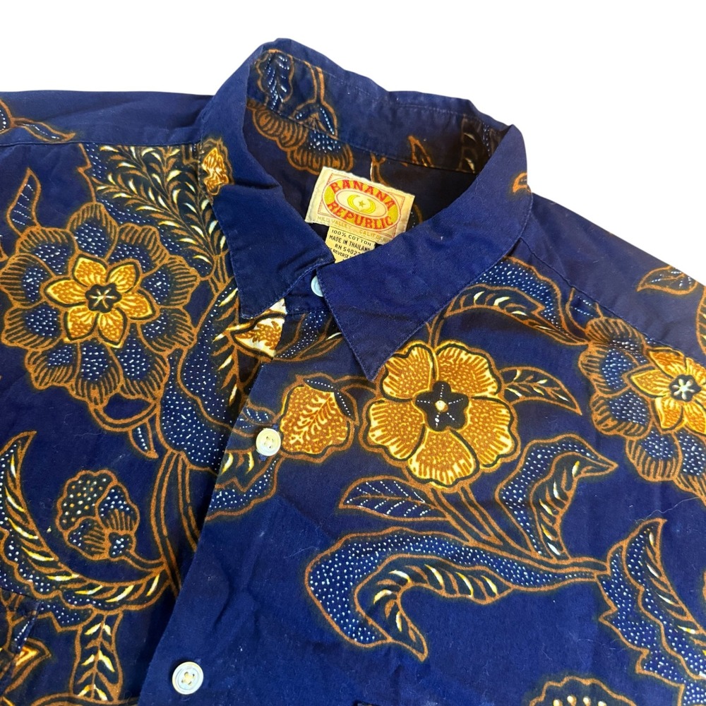 Vintage Banana Republic Navy Blue Batik Floral Cotton Button Down Shirt Mens L